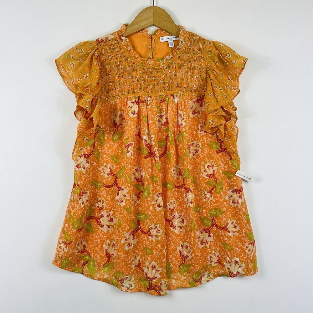Maison d'Amelie Floral Blouse Women XS Orange Smocked Ruffle Shabby Chic Cottage